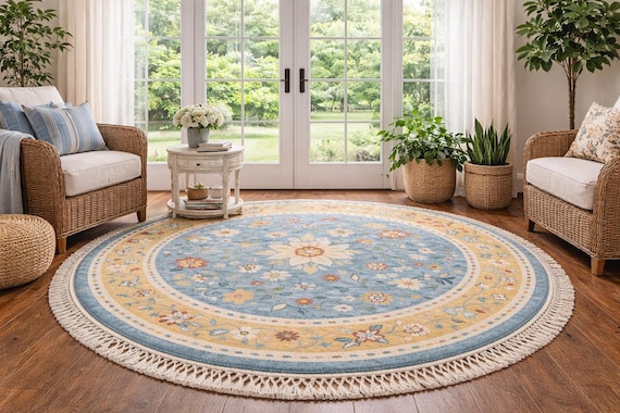 Hand Knotted Round Floral Carpet – Blue & Yellow Vintage Style Rug with Fringe Border