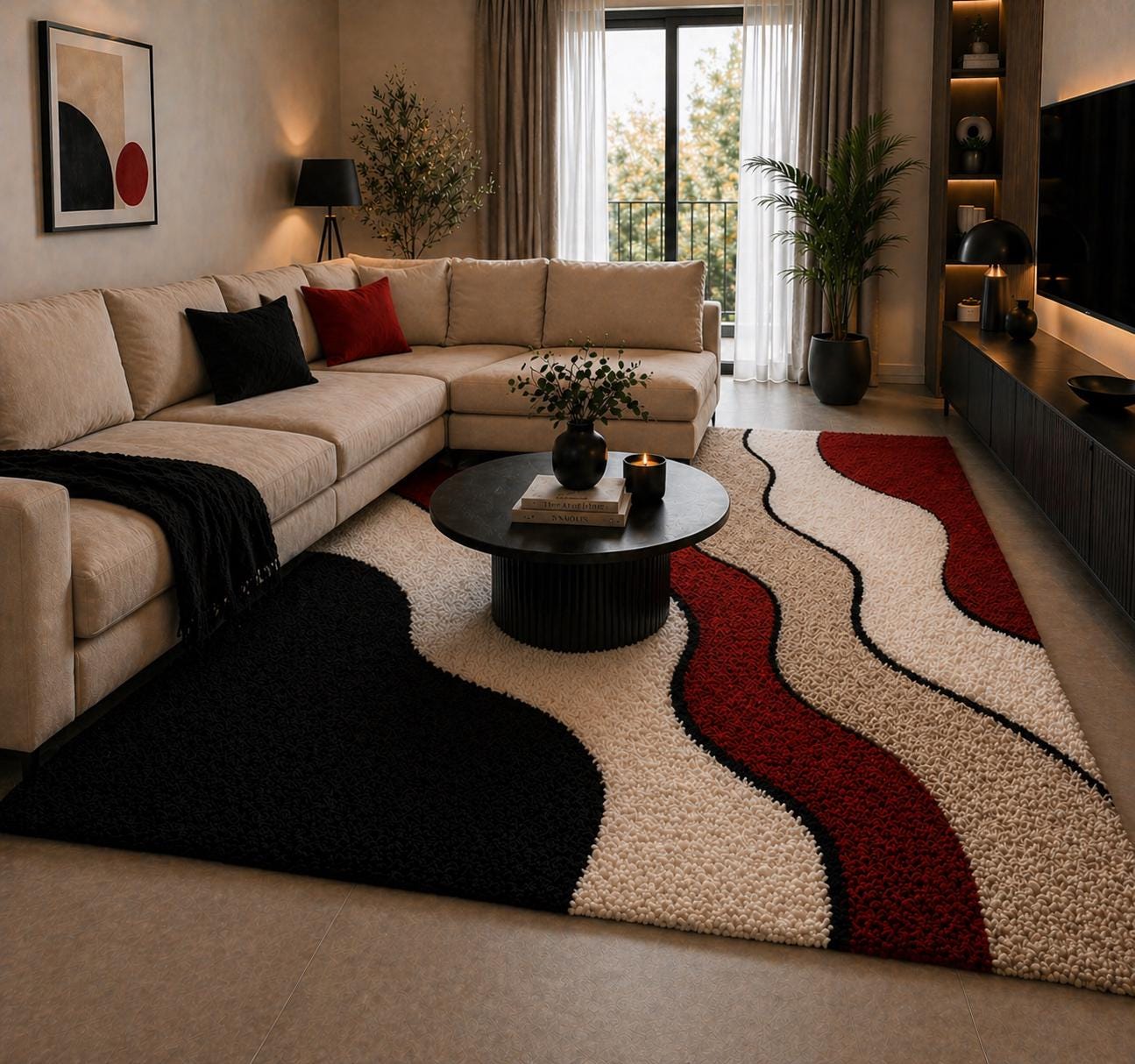 Red Wavy Rug Modern Wavy Abstract Tufted Wool Carpet – Black, Ivory & Red Luxury Rug ...