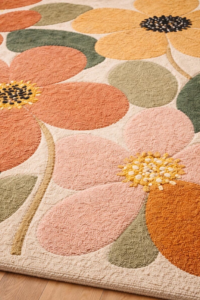 Hand Tufted Wool Floral Rug, Modern Botanical Area Carpet, Pink ...