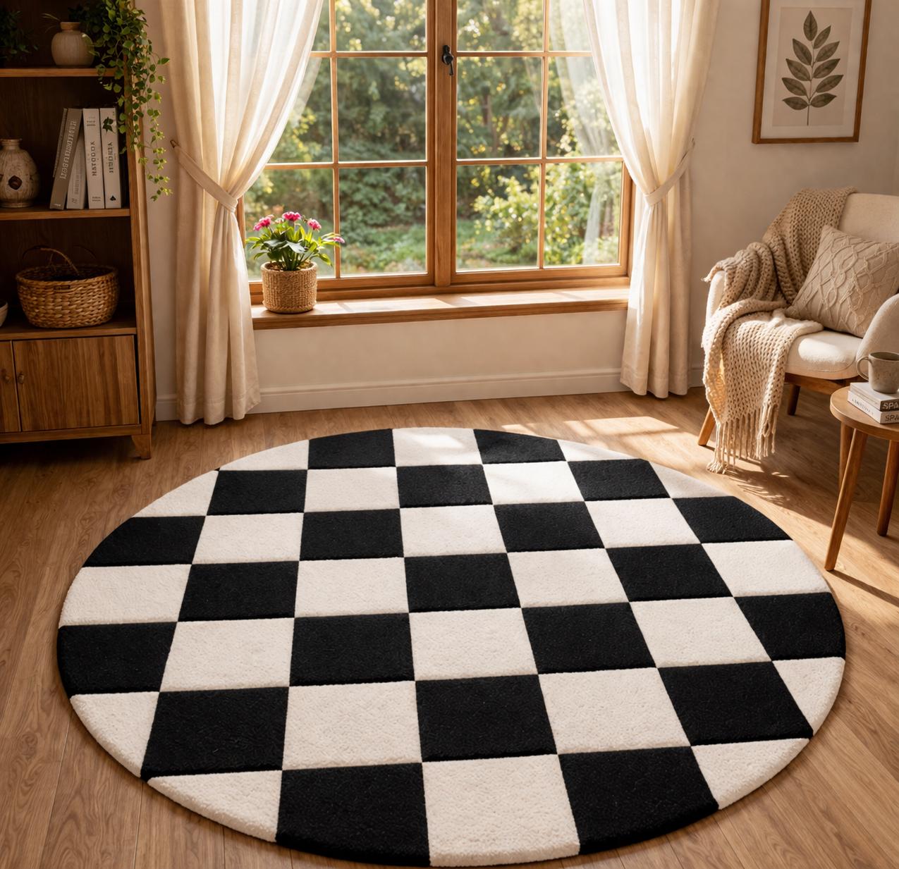 Black and White Checkered Round Rug – Modern Checkerboard Area Rug for ...