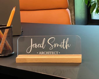 Personalized Oak and Plexiglass Desk Name Plate, Custom Office Sign