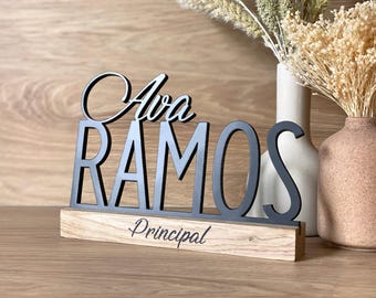 Personalized Oak Wood Teacher Name Sign, Custom Desk Name Plate, Classroom Decor