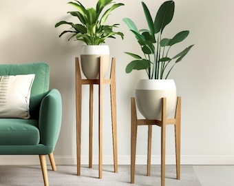 Handmade Oak Wood Plant Stand, Mid-Century Modern Pot Riser