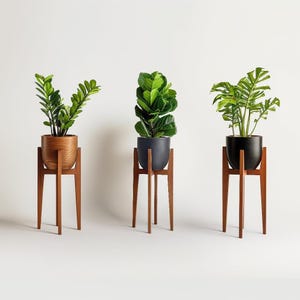 May include: Three indoor plants in decorative pots on wooden stands. The plants have green foliage and are in brown, grey, and black pots. The stands are made of wood and have a mid-century modern design.