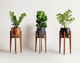 Solid Oak Wood Plant Stand, Modern Indoor Planter Holder, Mid-Century Style