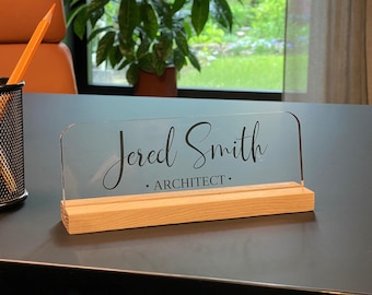 Custom Acrylic Desk Name Sign, Oak Wood Base, Personalized Office Name Plate