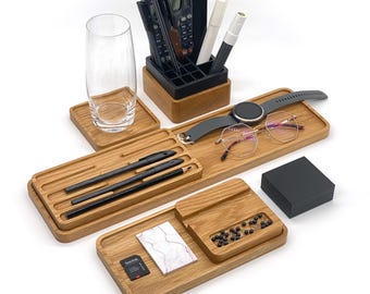 Solid Oak Wood Desk Organizer Set, Pen Holder & Tabletop Storage