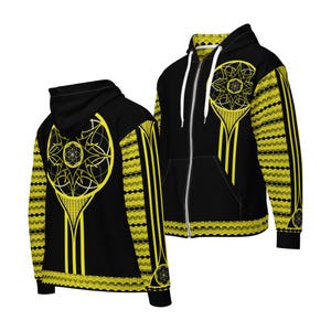 May include: Black zip-up hoodie with a yellow geometric design. The design includes a large circular pattern on the back and front, with yellow stripes and decorative trim. The hoodie has a hood and a white zipper.