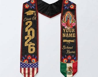 Estola de Graduación con Flor Mexicana de la Virgen María, Estola con Nombre y Escuela, Estola de Graduación, Clase de 2026, Regalo para Estudiante, Bandera, Bufanda de Graduación