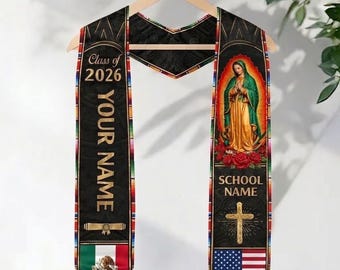 Estola de Graduación con Flor Mexicana de la Virgen María, Estola con Nombre y Escuela, Estola de Graduación, Clase de 2026, Regalo para Estudiante, Bandera, Bufanda de Graduación