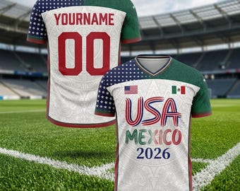 Camiseta de Estados Unidos - México, Camiseta de fútbol de México y Estados Unidos 2026 – Camiseta personalizada unisex para aficionados al fútbol, Mundial de Fútbol 2026, Número personalizado, Bandera de Estados Unidos