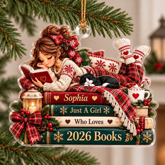 Personalized Book Lover Ornament, Just A Girl Who Loves Books Decor, Cozy Reader Cat Christmas Keepsake, Custom Bookish Tree Gift For Women