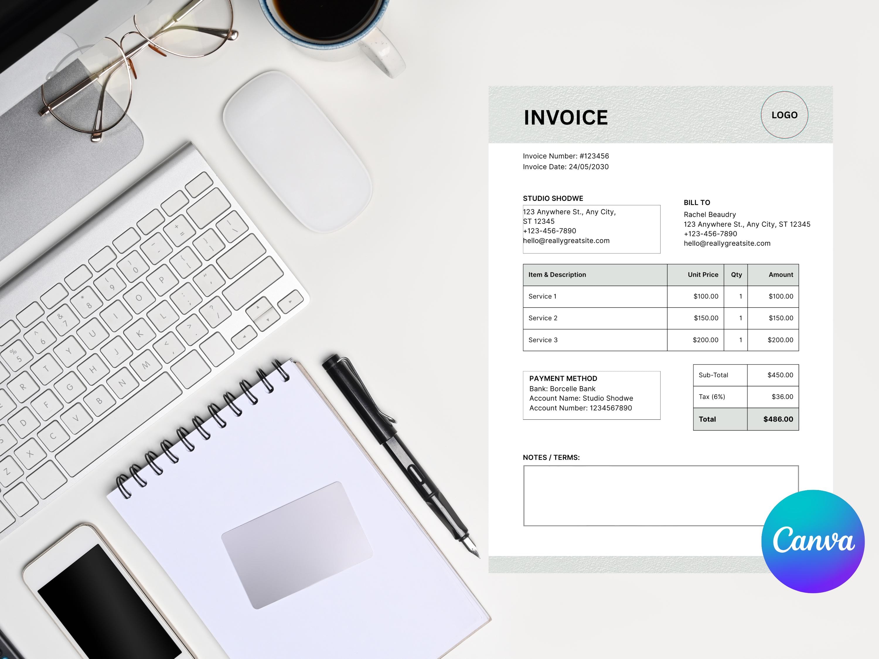 Canva Editable Invoice Template | Minimalist Small Business Billing ...