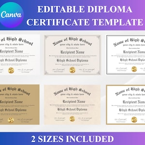 May include: Six editable diploma certificate templates are displayed, each with space for school and recipient details. The image includes the text "EDITABLE DIPLOMA CERTIFICATE TEMPLATE" and "2 SIZES INCLUDED". The templates vary in border and background colours.