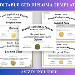 Op de afbeelding: Een verzameling van vijf bewerkbare General Equivalency Diploma sjablonen met zwarte tekst op een witte achtergrond, decoratieve randen en goudkleurige ronde zegels. De tekst bevat General Equivalency Diploma, Recipient Name en diverse handtekeningregels.
