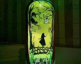 Alice in Wonderland Light Bottle: Reverse Painted Cheshire Cat Fantasy Decor