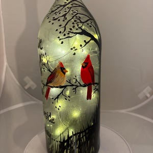 Hand Painted Cardinal Lighted Bottle: Memorial Accent Lamp