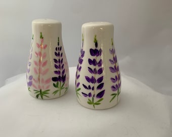 Hand Painted Porcelain Salt and Pepper Shakers: Maine Lupine Flowers