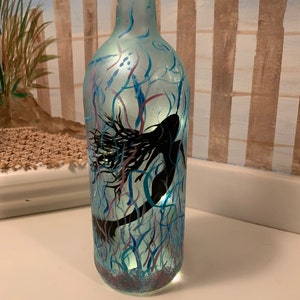 Mermaid light up wine bottle, goddess bottle, night light, underwater sea creature, hand painted, illuminated bottle