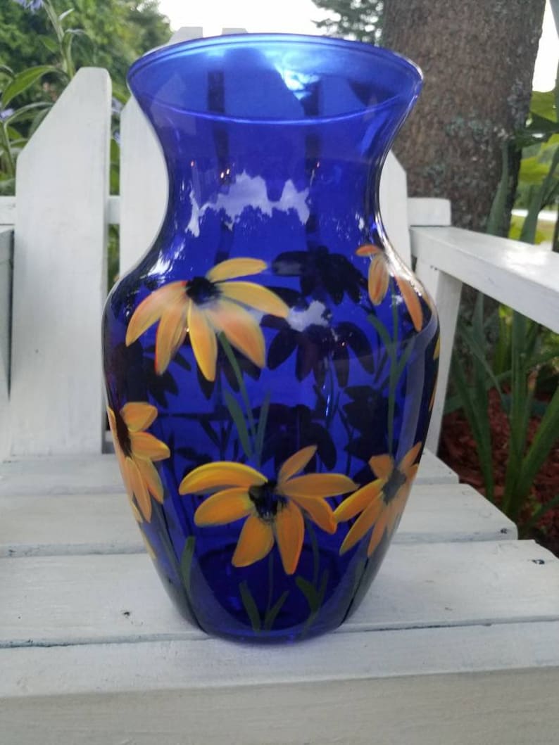 Black eyed Susan vase hand painted vase cobalt blue vase Etsy