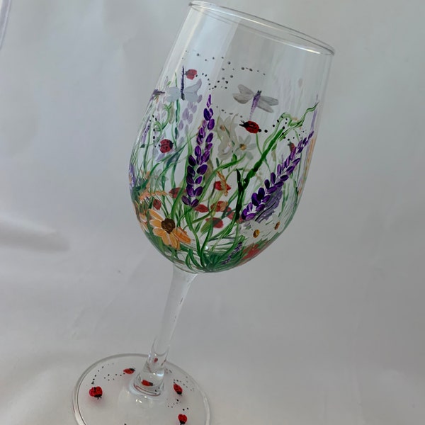wildflower wine glass, Wildflowers, friendship hand painted wine glass, ladybugs, wine glass