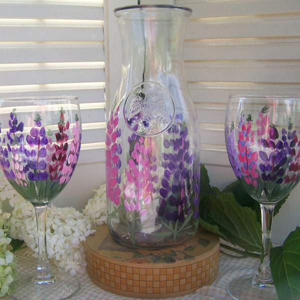 Lupine painted glass, Maine flower, Wine glasses, Carafe hand painted