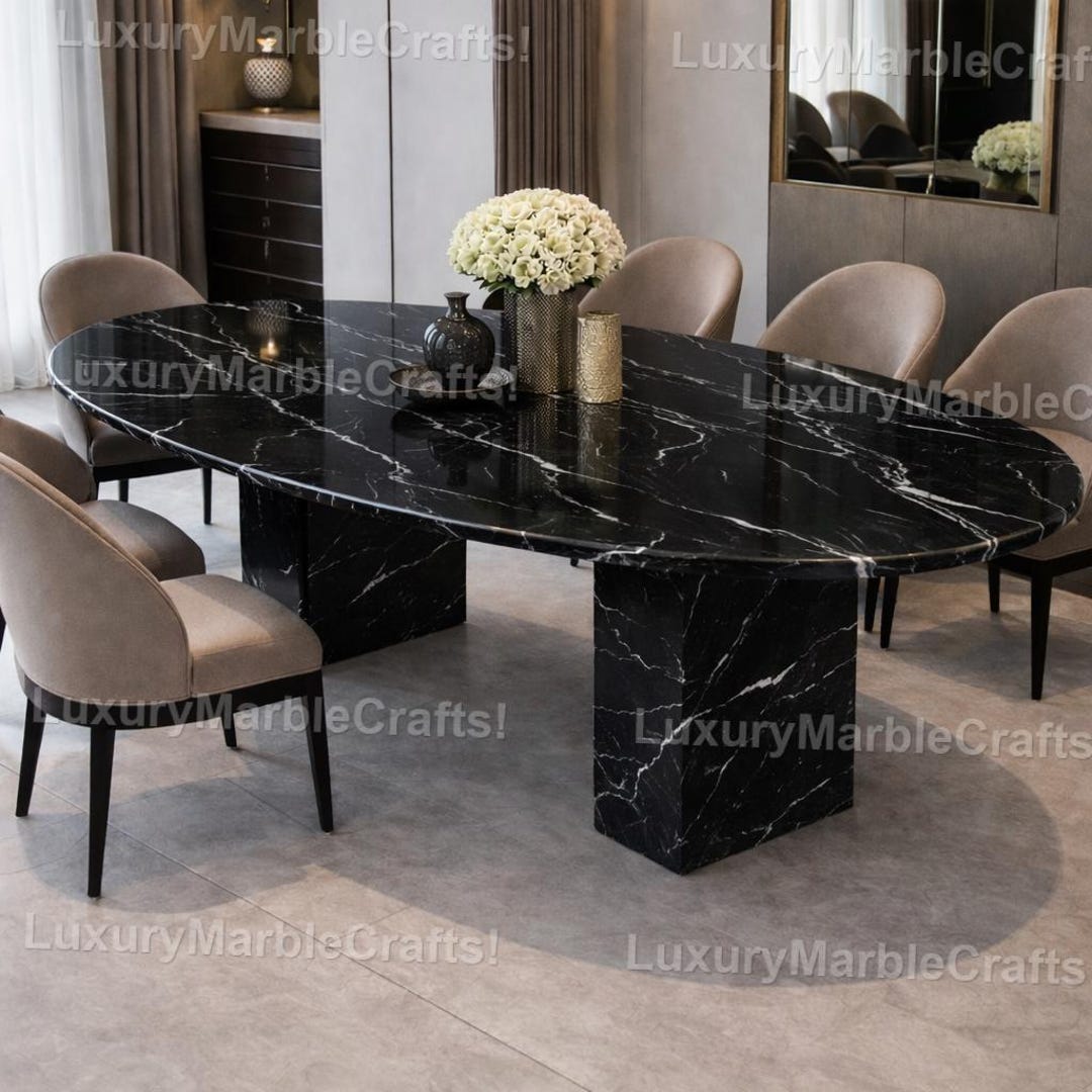 Luxury Black Marble Oval Dining Table – Modern Marble Pedestal Table ...