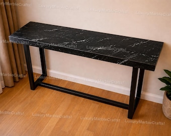 Luxury Black Marble Console Table | Modern Entryway Table Stone  HallwaySofa Table Modern Black Marble Console Table | Rectangular Stone Top