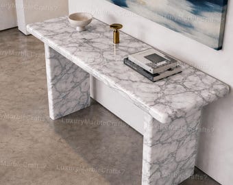 White Marble Console Table – Modern Minimalist Stone Entryway Table, Luxury Hallway Furniture Handcrafted White Marble Console Table –