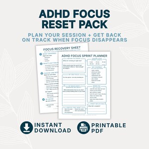 Könnte beinhalten: ADHS Fokus Reset Pack als druckbare PDF-Dokumente mit einem Fokus-Wiederherstellungsblatt und einem Fokus-Sprint-Planer. Die weißen Seiten enthalten dunkelblauen Text und strukturierte Felder zur Planung von Sitzungen und Aufgaben.