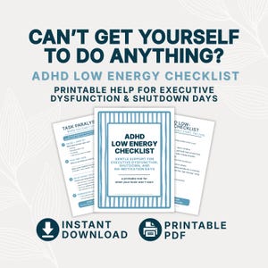ADHD Low Energy Checklist Printable, Executive Dysfunction Support, Task Paralysis Worksheet, ADHD Shutdown Help PDF
