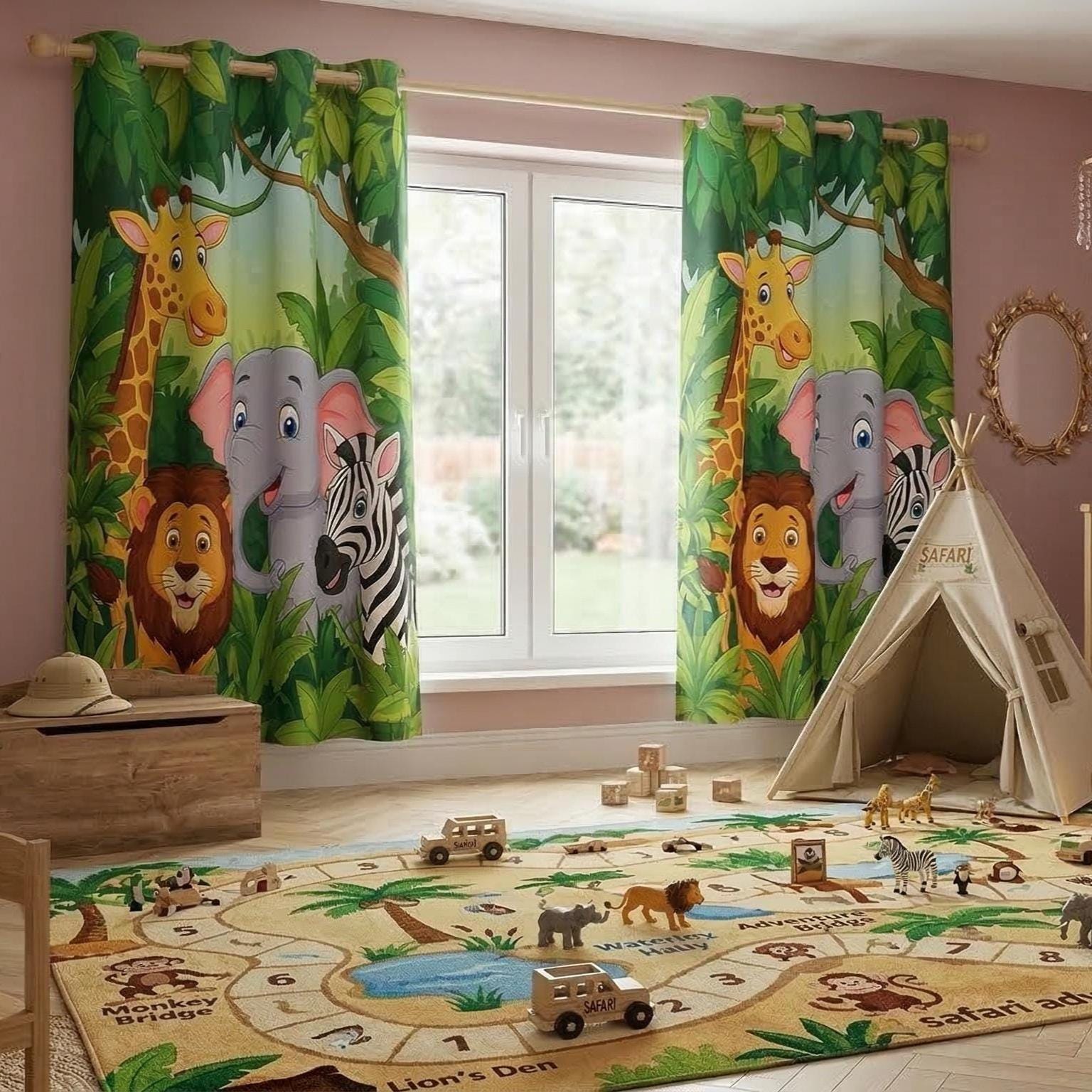Set di 2 tende con animali safari 3D, decorazione per cameretta dei ...