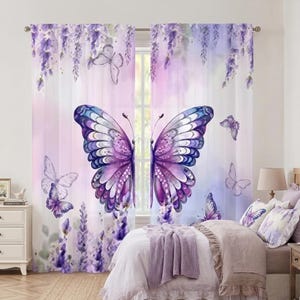 May include: Sheer window curtains with a watercolor design featuring large purple butterflies and wisteria. The curtains have a soft, pastel color palette of lavender, pink, and blue, creating a dreamy and elegant aesthetic. The curtains are hung in a bedroom setting.