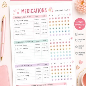 May include: A pink and white medication tracker printable with the title "Medication Tracker" and the text "Daily Medication Management Made Easy." It includes sections for morning, afternoon, and evening medications, with space to track doses and times.