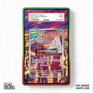 May include: A graded card case with a colorful illustration of a carnival scene. The case has a green, red, and black border. The card inside features a Drowzee Pokémon card. Text on the case includes "PSA GRADED GUARD CASE".