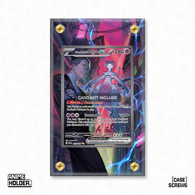 Peut inclure: Un pr&eacute;sentoir de cartes en acrylique transparent avec des vis dor&eacute;es, pr&eacute;sentant une carte Pok&eacute;mon TCG avec Mewtwo EX. La carte est plac&eacute;e sur un arri&egrave;re-plan de paysage urbain vibrant avec des n&eacute;ons. Le support porte le texte "ANIME HOLDER" et "[CASE] SCREWS".