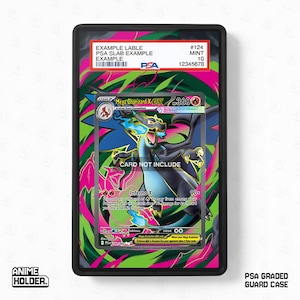 May include: A black PSA graded guard case with a Pokemon card inside. The card features a Mega Charizard X EX illustration with blue and orange flames. The case has a green and pink background.