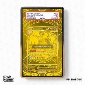 May include: A gold-coloured Mega Dragonite EX trading card in a PSA slab case. The card features detailed illustrations and text, including "Mega Dragonite EX" and "Ryuno Glide". The case has a black frame and a label with example information.