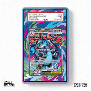May include: A graded card case with a vibrant, abstract design. Inside is a Mega Charizard X EX card with Japanese text and blue flames. The case has a PSA label and the text "CARD NOT INCLUDE". The case is labeled "PSA GRADED GUARD CASE".