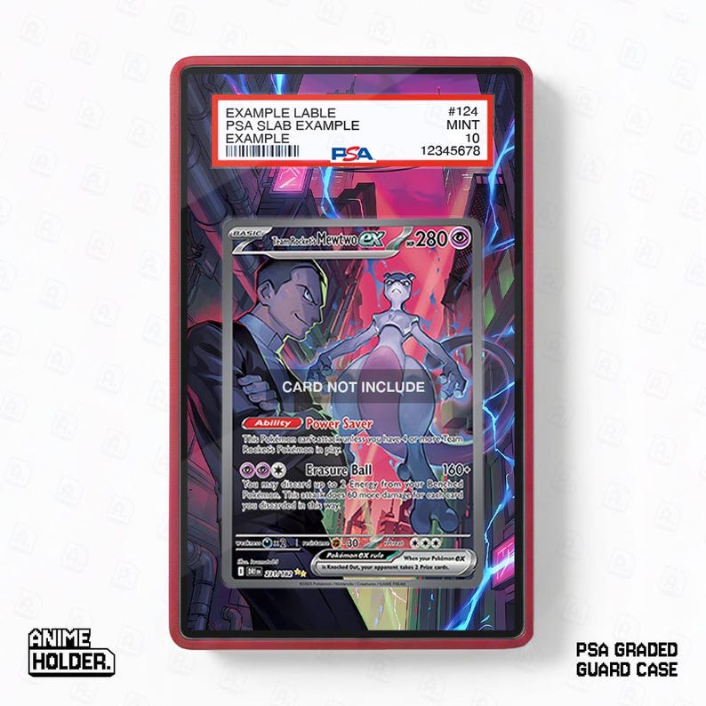 Peut inclure: Un &eacute;tui de protection rouge class&eacute; PSA avec une carte Pok&eacute;mon &agrave; l'int&eacute;rieur. La carte pr&eacute;sente une illustration de Mewtwo ex avec le texte "CARD NOT INCLUDE". L'&eacute;tui porte les mentions "PSA GRADED GUARD CASE" et "ANIME HOLDER."
