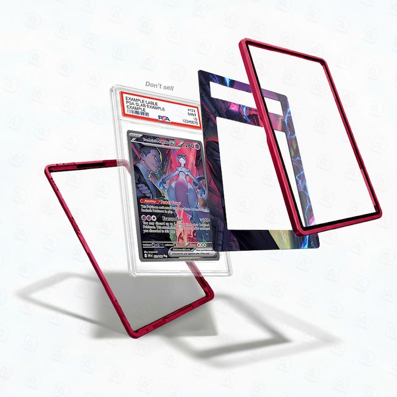 Peut inclure: Une carte &agrave; collectionner Pok&eacute;mon class&eacute;e dans un &eacute;tui en plastique transparent, avec un cadre rouge. La carte pr&eacute;sente une illustration de Mewtwo. Le texte "Don't sell" est visible. L'&eacute;tui est entour&eacute; de cadres rouges suppl&eacute;mentaires.
