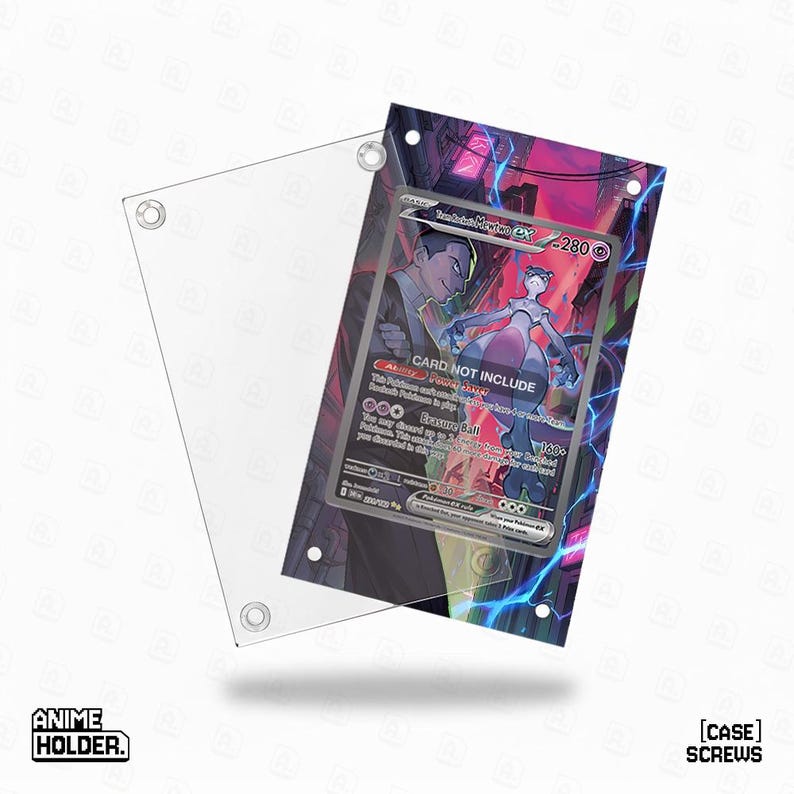 Peut inclure: Un pr&eacute;sentoir de cartes en acrylique transparent avec une carte Pok&eacute;mon &agrave; l'int&eacute;rieur. La carte pr&eacute;sente un personnage Mewtwo violet et blanc et le texte "CARD NOT INCLUDE". Le pr&eacute;sentoir a des trous de vis et le texte "ANIME HOLDER" et "[CASE] SCREWS".