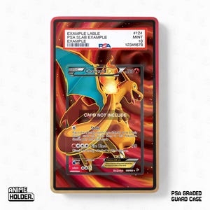 May include: A red and gold PSA graded guard case with a Charizard EX Pokemon card inside. The card features a fiery orange dragon with blue wings. The case has the text "EXAMPLE LABLE" and "PSA SLAB EXAMPLE". The case is labeled "MINT 10".