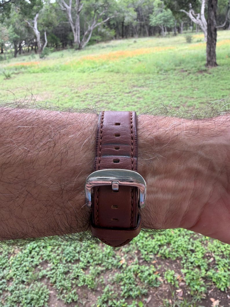 K&ouml;nnte beinhalten: Ein braunes Leder-Uhrenarmband mit silberner Schnalle ist am Handgelenk befestigt. Das Armband ist gen&auml;ht und hat mehrere L&ouml;cher zur Anpassung. Im Hintergrund sind eine gr&uuml;ne Wiese und B&auml;ume zu sehen.