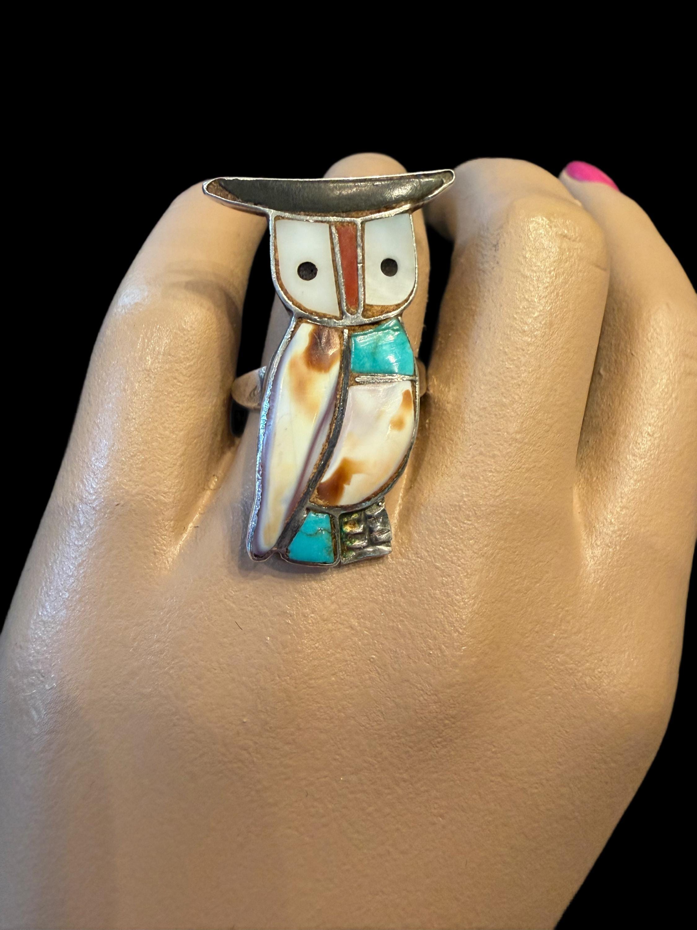 Sterling silver native style inlaid natural stone Owl ring Size 6