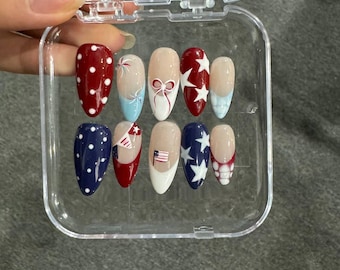 Red White Blue Press On Nails, Glitter Stars USA Nail, 4th of July Handmade