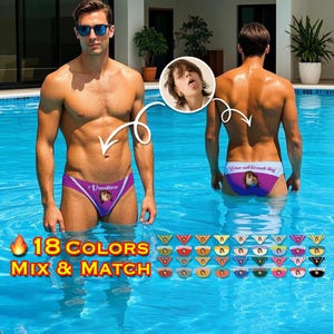 May include: Purple swim briefs with a photo and the word "Vacation" printed on the front. The image shows a person in a pool wearing the briefs. The text "18 COLORS MIX & MATCH" is displayed below the image, along with color options.