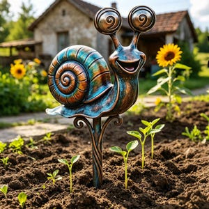 Puede incluir: Un estaca de jardín con forma de caracol estilizado con un acabado de pátina en bronce y azul verdoso. El caracol presenta una gran concha en espiral, dos ojos prominentes sobre tallos y una boca ancha y sonriente sobre un poste de metal.