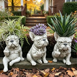 French Bulldog Planter, Middle Finger Statue, Grumpy Dog Succulent Pot, Resin Garden Decor