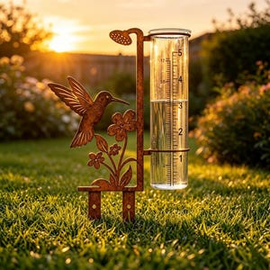 Rust Hummingbird Rain Gauge Garden Stake Metal Flower Yard Rain Measure